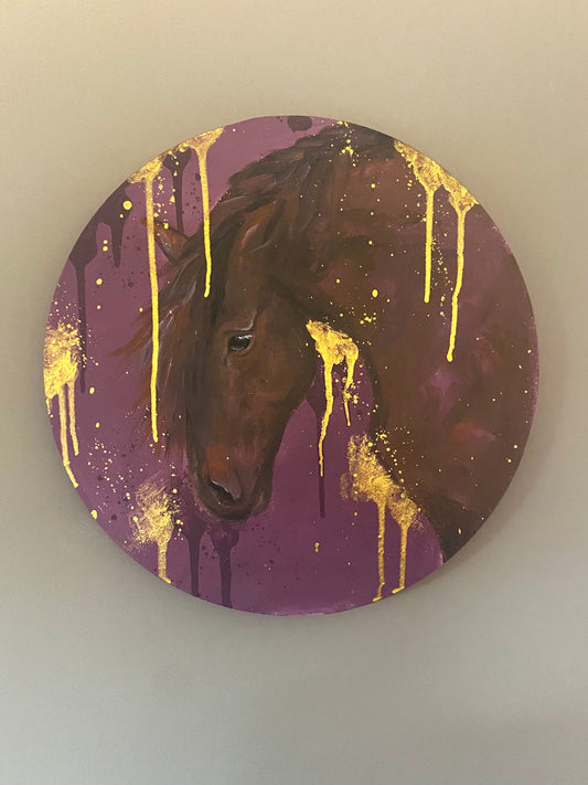 Original Abstract Purple And Gold Horse Painting On A Round Canvas Acrylic Paint