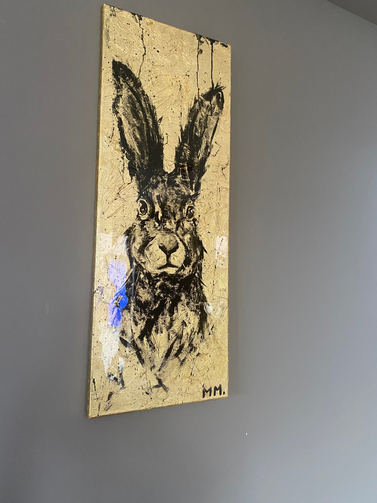 Large Hare Rabbit Painting Original Artwork Gold Leaf Resin On Canvas Wall Decor