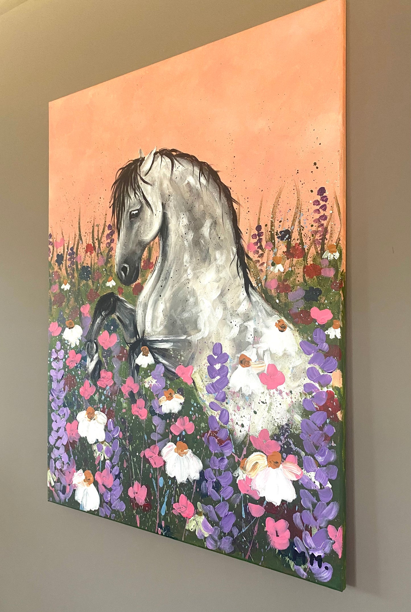 Original Handpainted Horse Acrylic Painting On Canvas Textured Art Flora