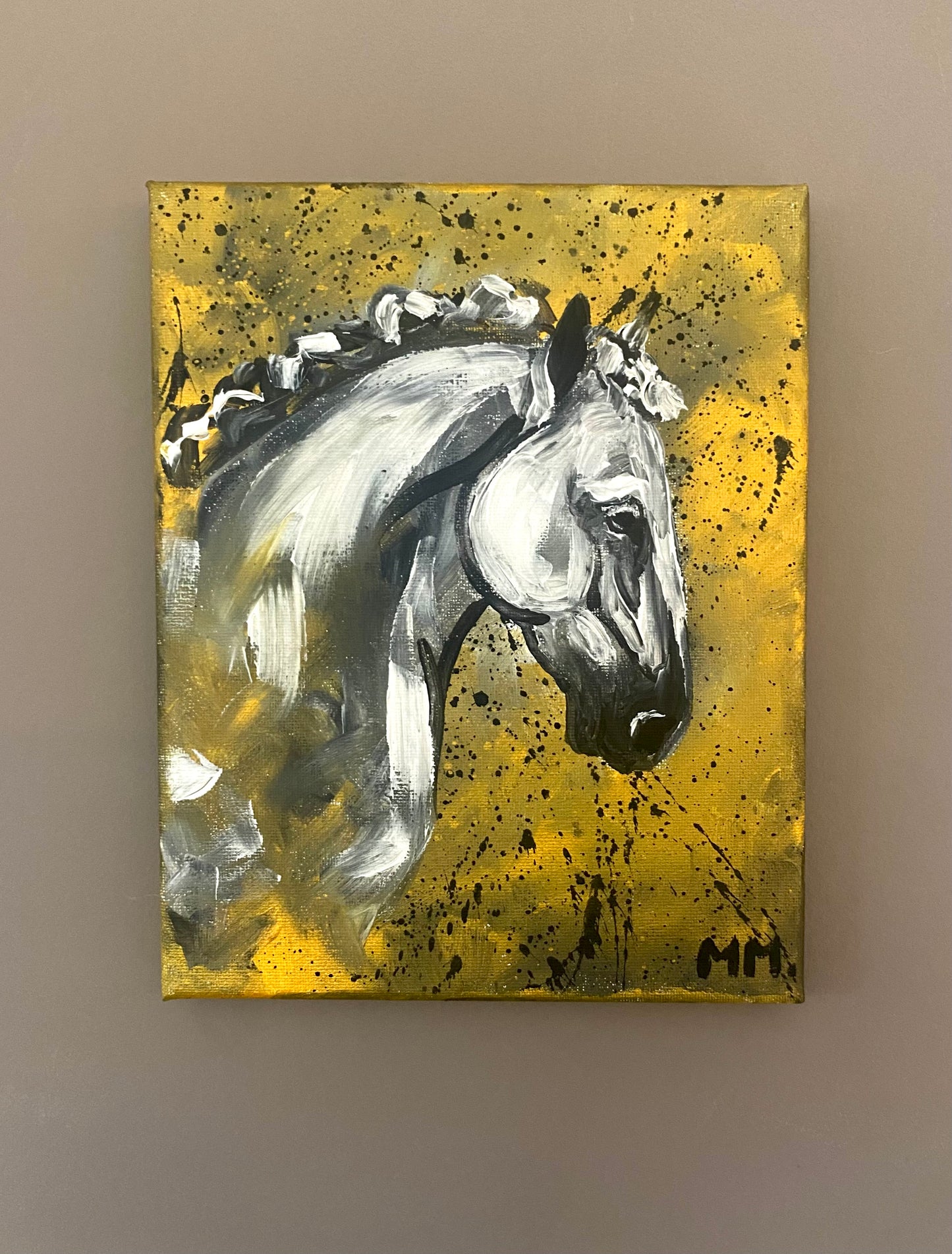 Original Handpainted Horse Portrait On Canvas Gold Metallic Black White Painting