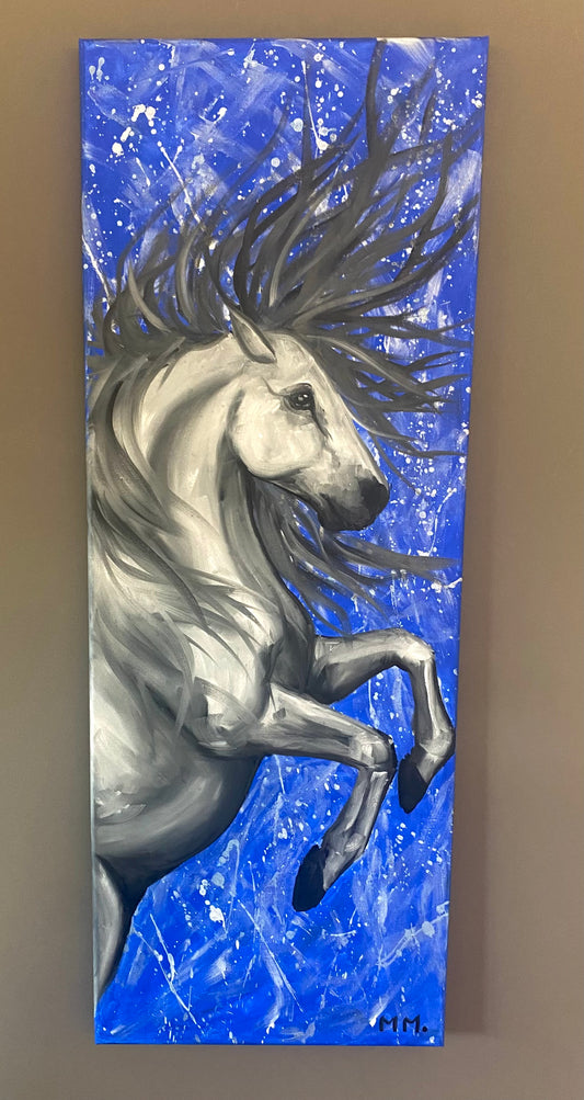 Bold Blue Oil painting featuring rearing horse painted with oil and acrylic paints