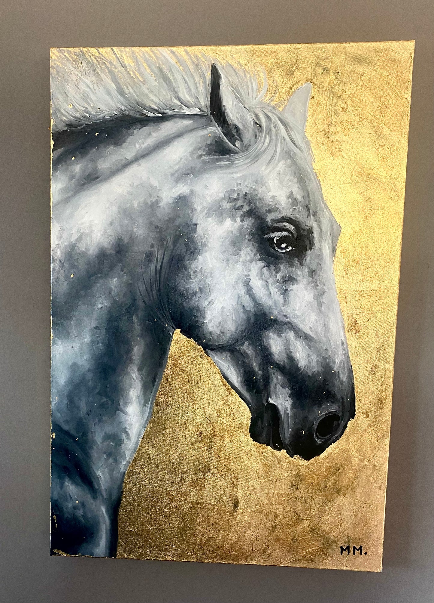 Original Handpainted Contemporary Horse Oil Painting Portrait With Gold Leaf