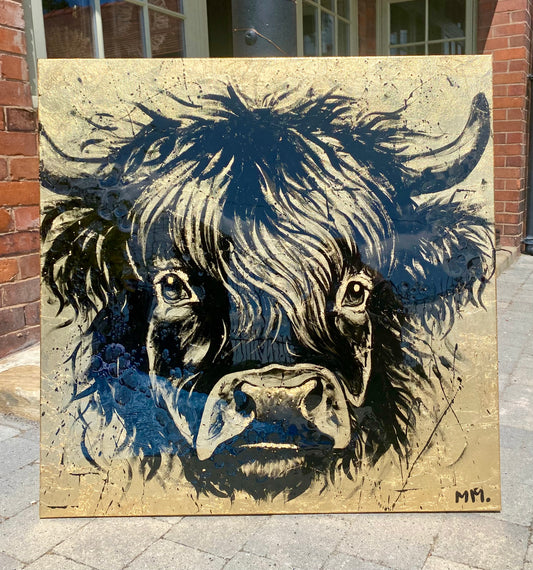 Large Original Highland Cattle Cow  Portrait On Canvas Gold Leaf Resin Painting