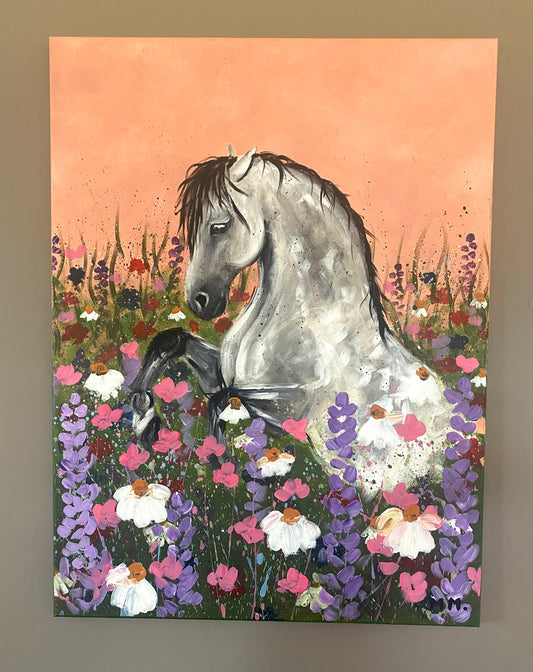 Original Handpainted Horse Acrylic Painting On Canvas Textured Art Flora