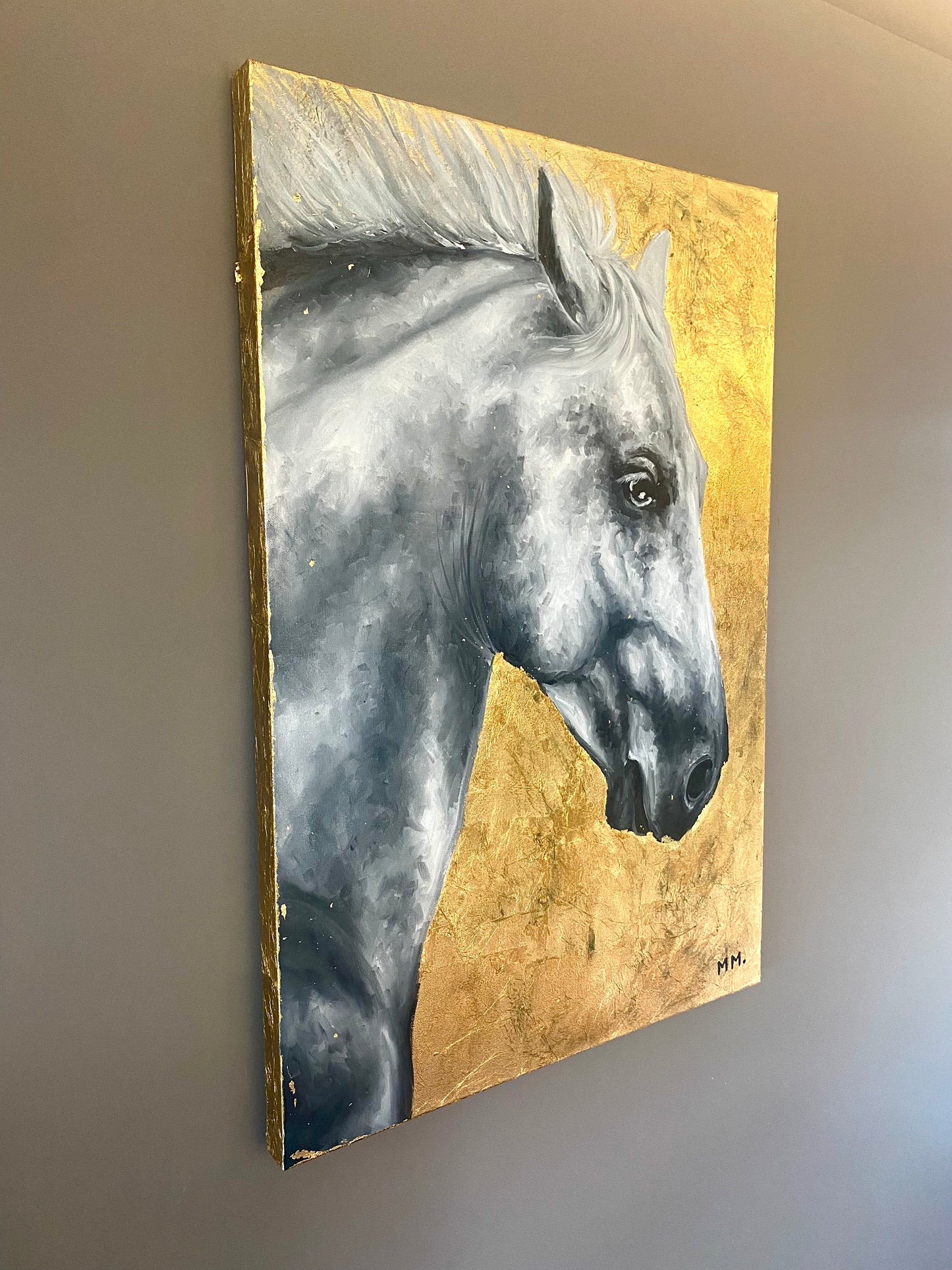 Original Handpainted Contemporary Horse Oil Painting Portrait With Gold Leaf