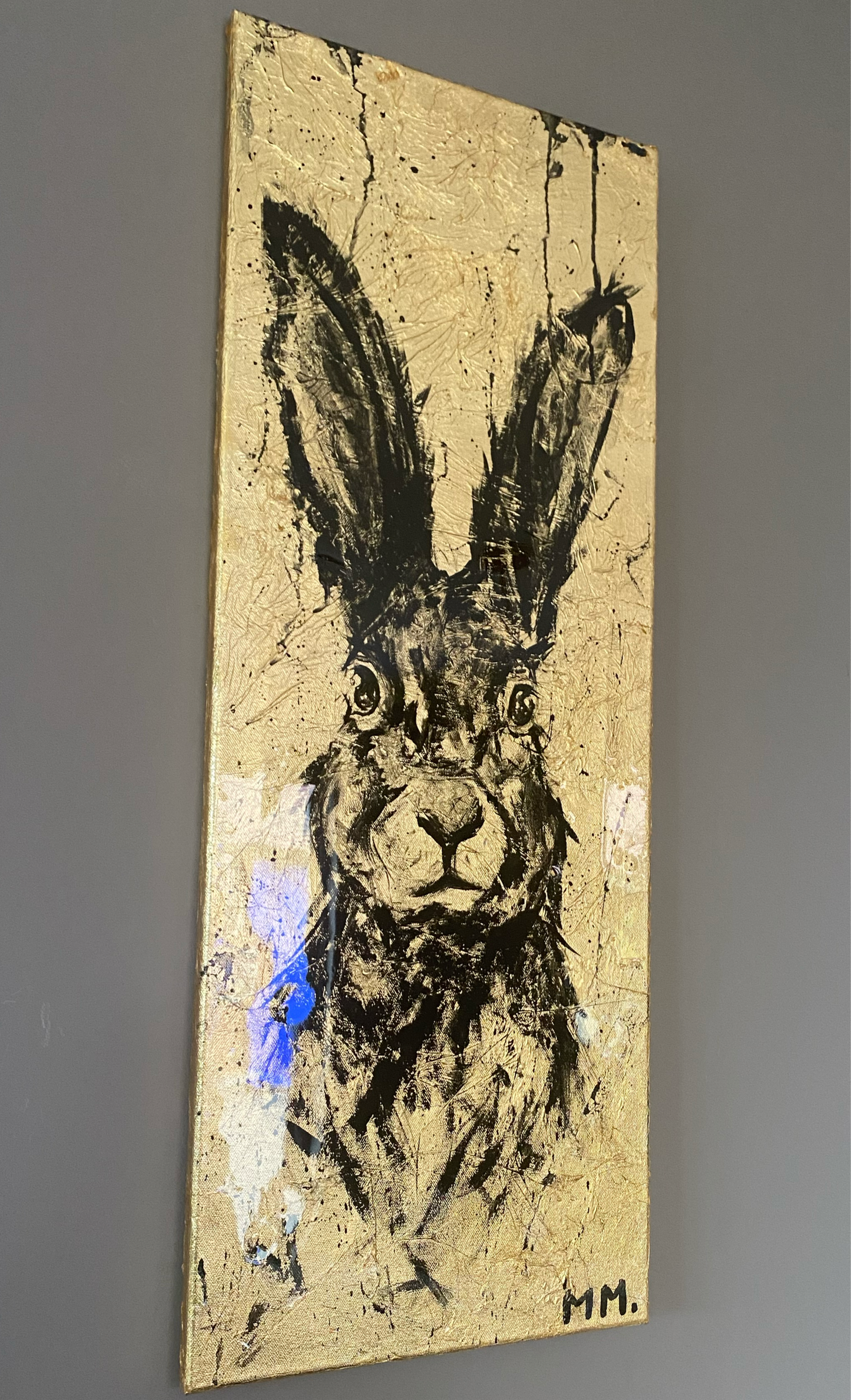 Large Hare Rabbit Painting Original Artwork Gold Leaf Resin On Canvas Wall Decor