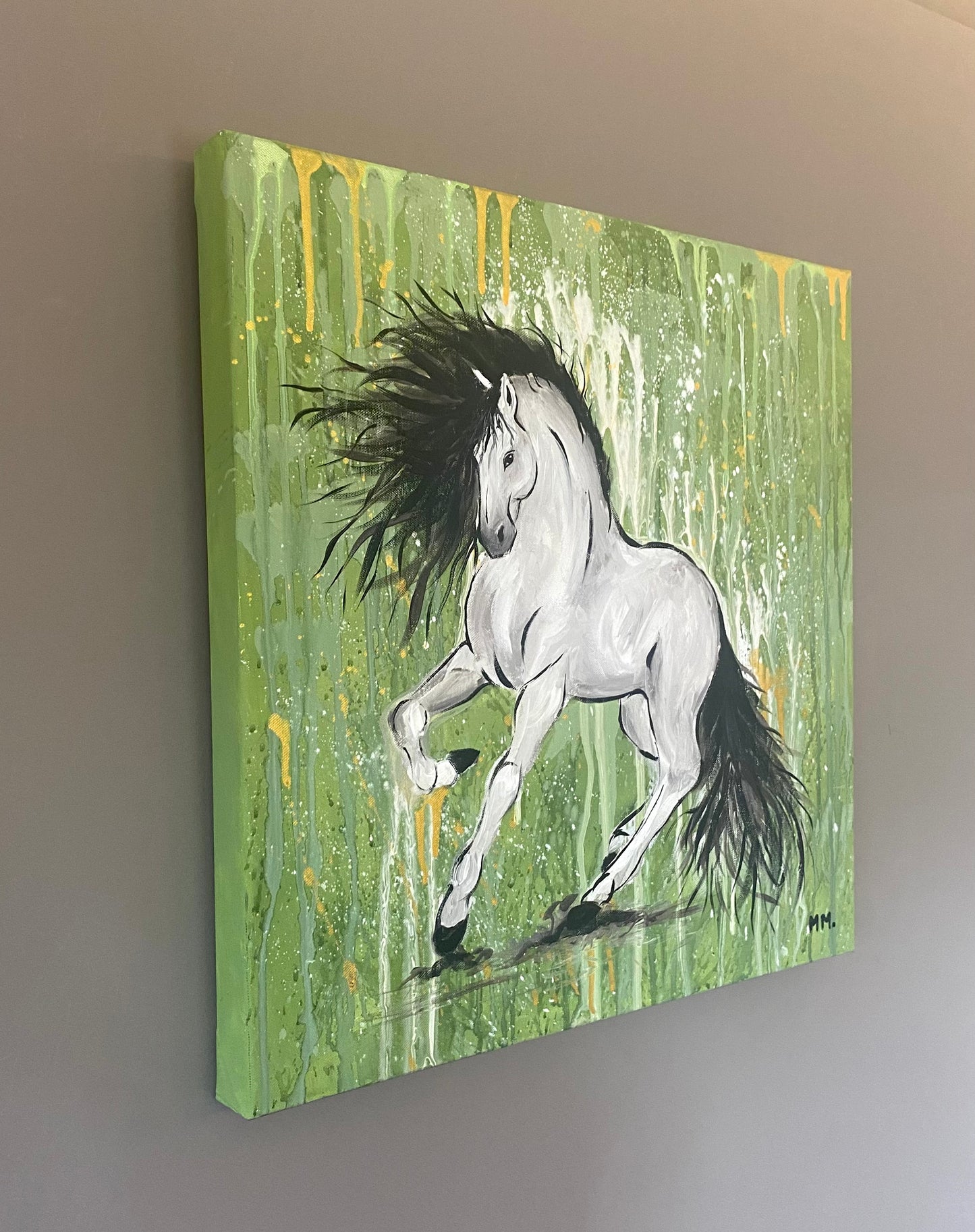 Original Handpainted Green White Gold Horse Painting On Canvas Artwork