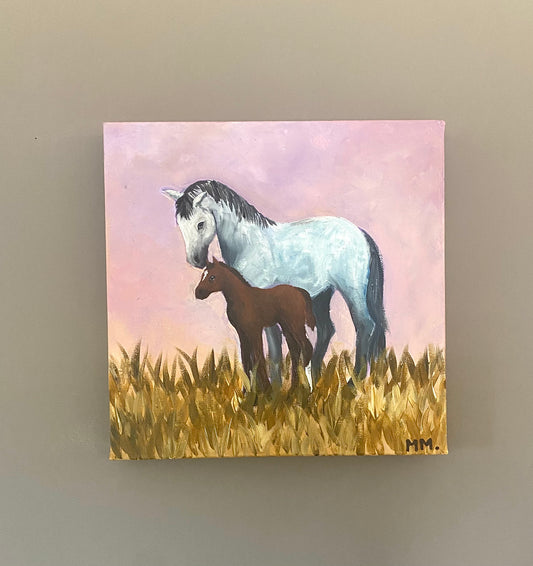 Cute Small Acrylic Painting Horse And Foal Whimsical