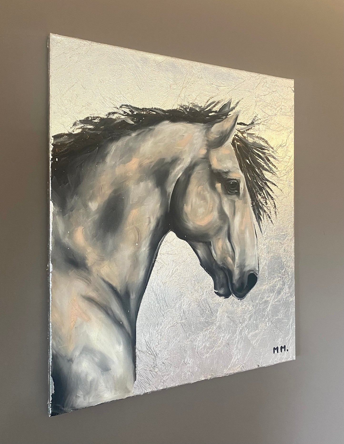 Original Horse oil painting Portrait with Silver leaf