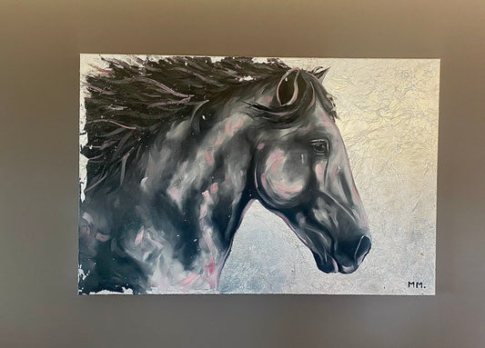 Large original oil horse portrait on Canvas With silver leaf background and pink highlights