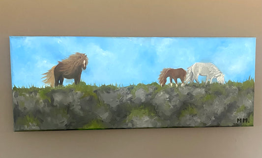 Large Horse Pony Landscape Oil Painting On Canvas Original Hand Painted Mountain Ponies