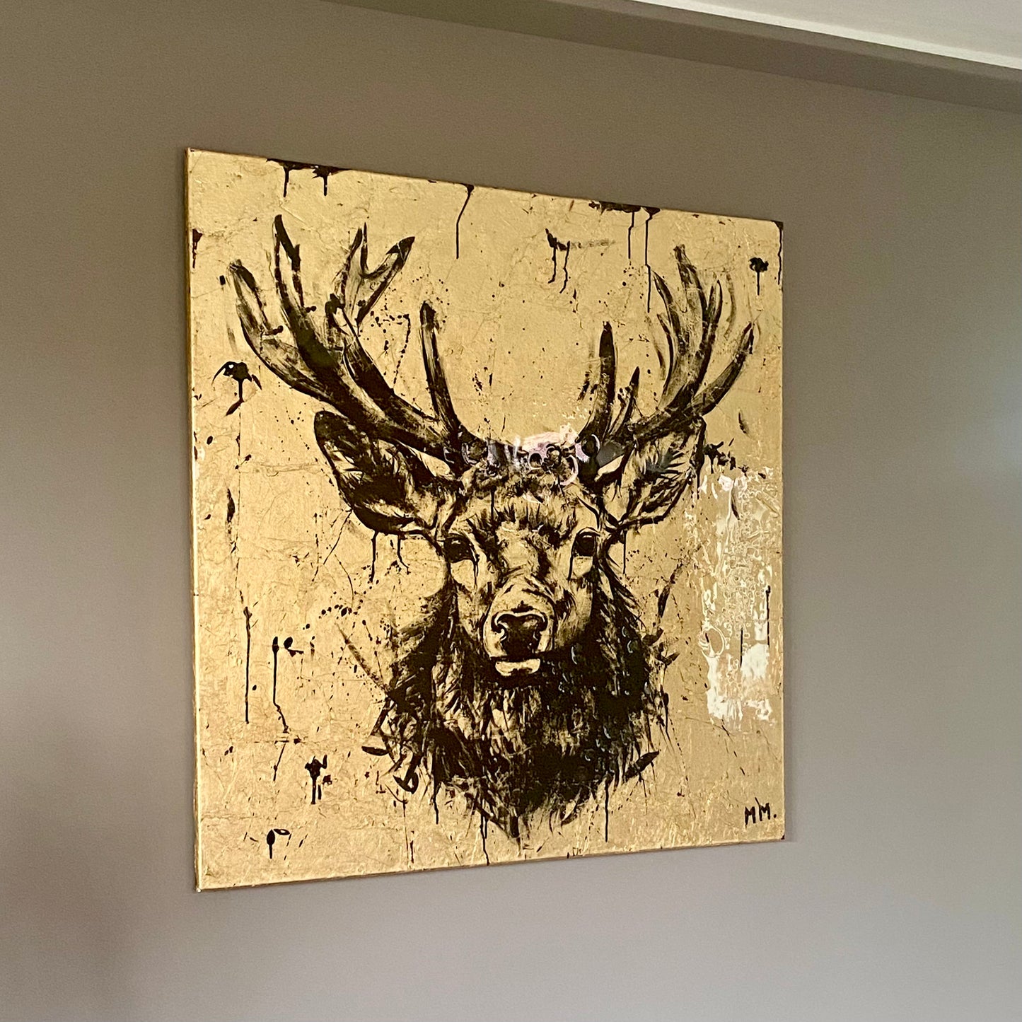 Large Original Handpainted Stag Deer Portrait On Canvas with Gold Leaf and Resin