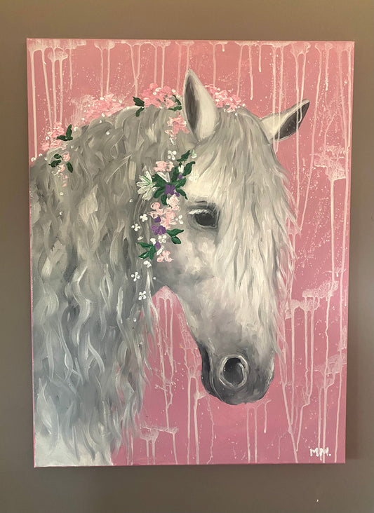Original Handpainted Horse 3D Textured Painting Artwork On Canvas Pink Flowers
