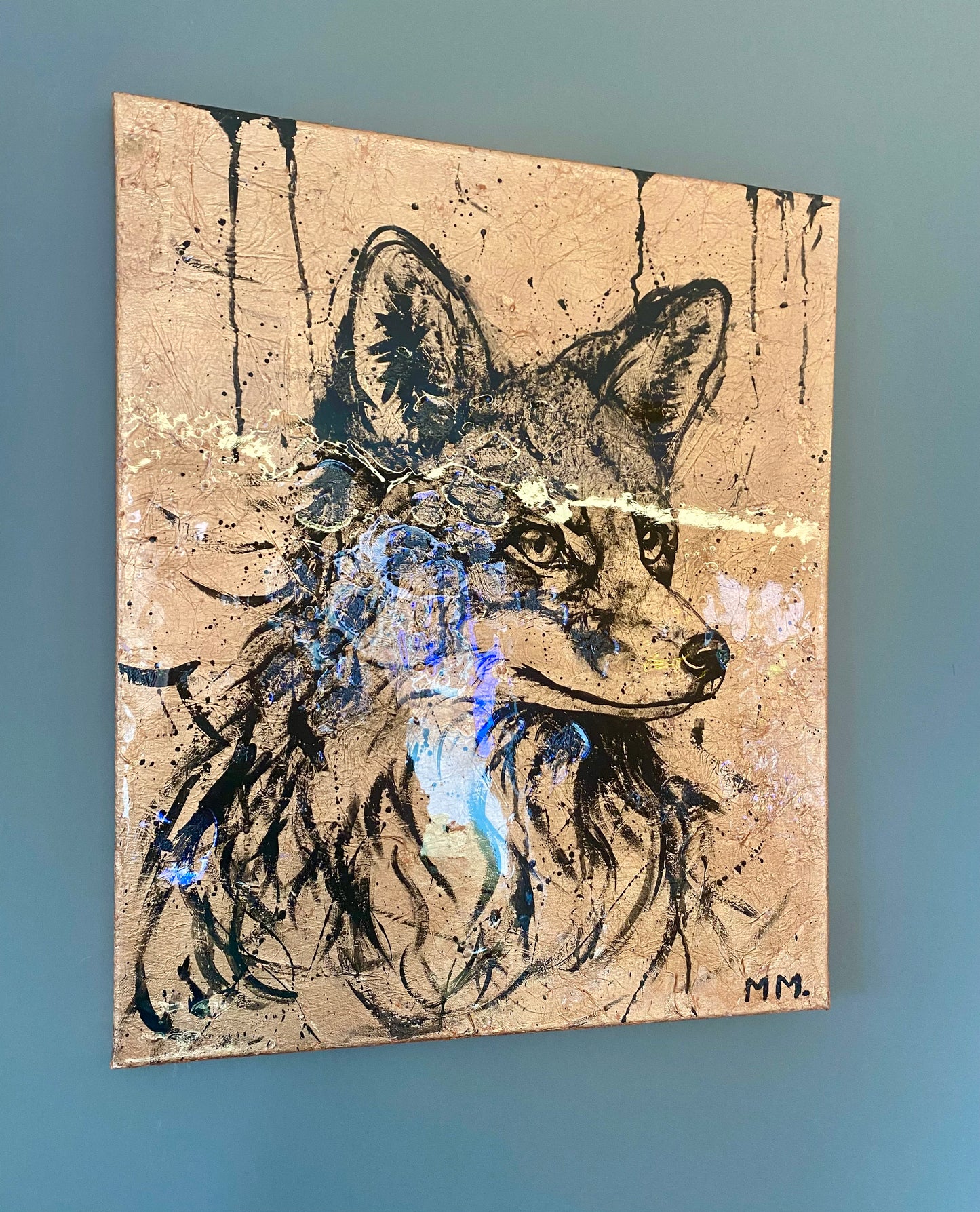 Original Artwork Fox Painting Copper Foil Metallic On Canvas Silhouette Decor
