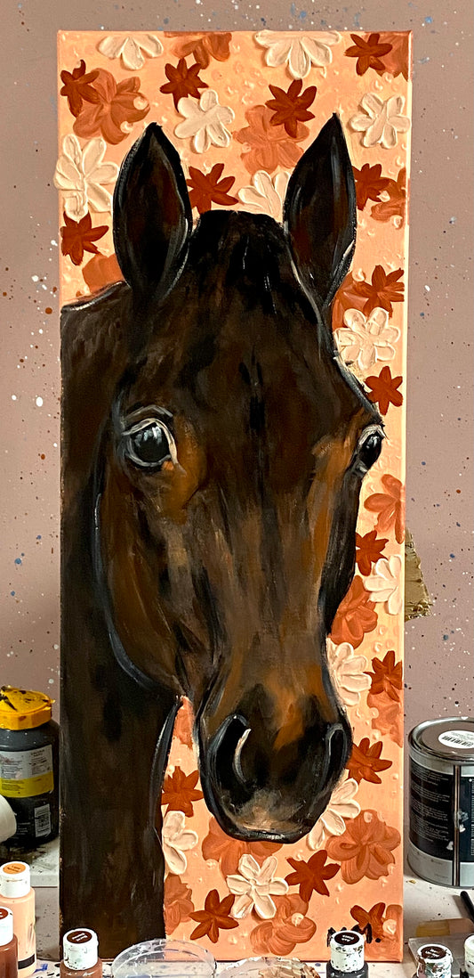 Large  Horse Portrait Painting On Canvas With Textured Paint Flowers
