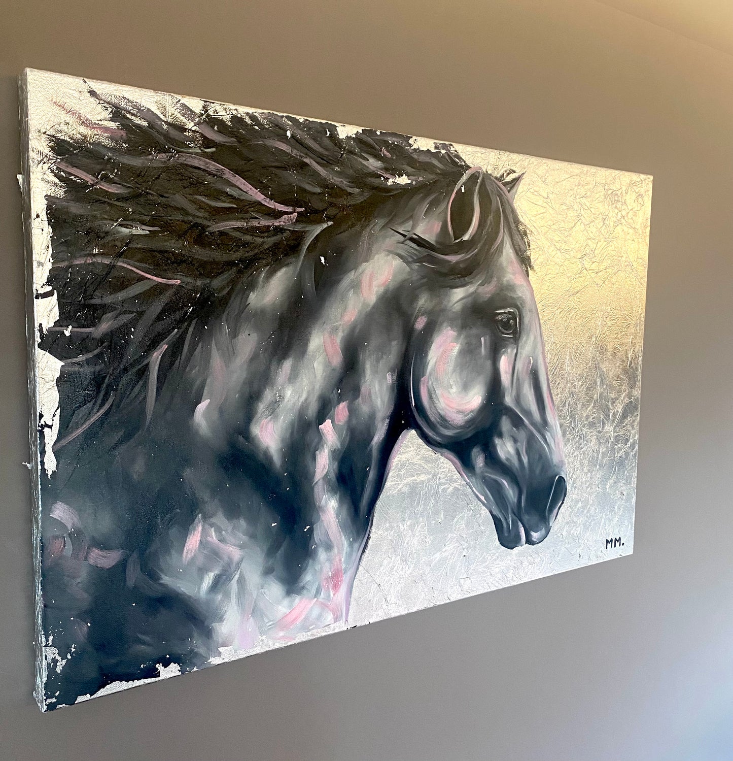 Large original oil horse portrait on Canvas With silver leaf background and pink highlights