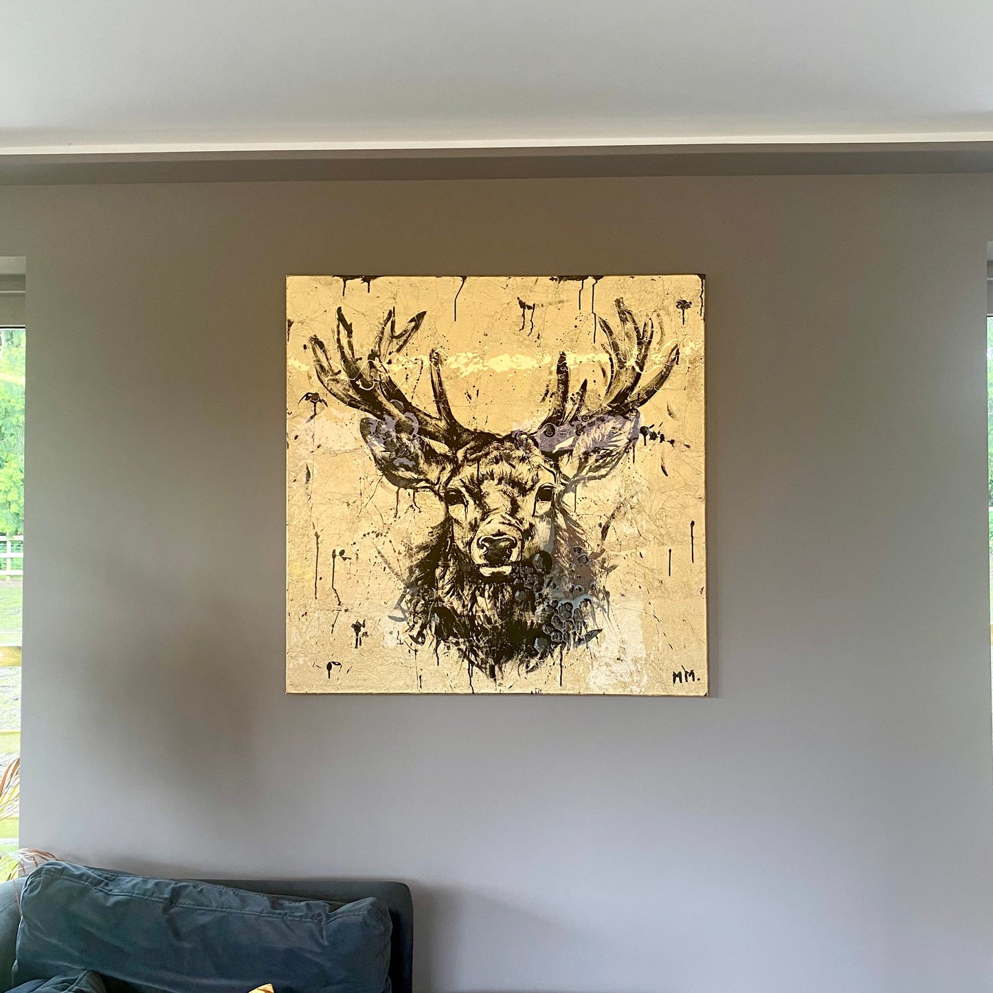 Large Original Handpainted Stag Deer Portrait On Canvas with Gold Leaf and Resin