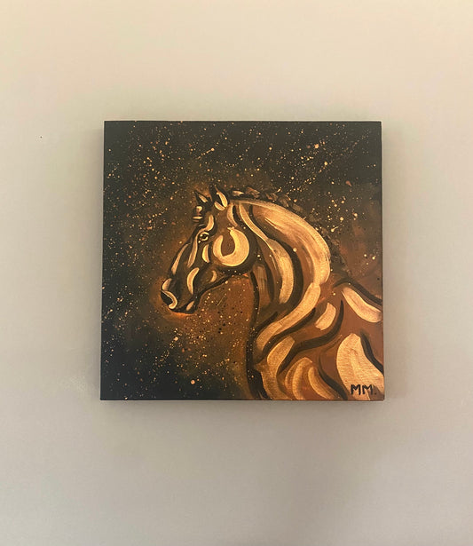 Original Handpainted Horse Portrait On Canvas Copper Metallic Black Painting